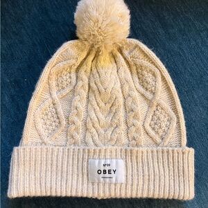 Obey Beige Cable Knit Pom-Pom Hat